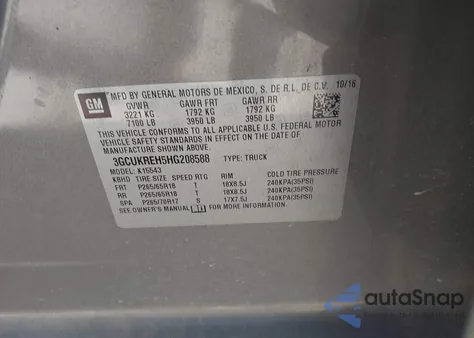 2017 Chevrolet Silverado 1500 2Lt z USA, uszkodzony, nr VIN 3GCUKREH5HG208588